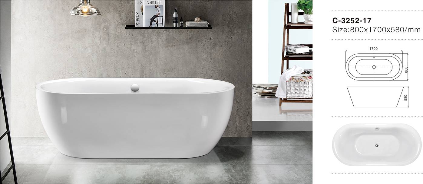 Acrylic Bathtub Freestanding Soaking Tub, 1700 x 800 x 580 mm