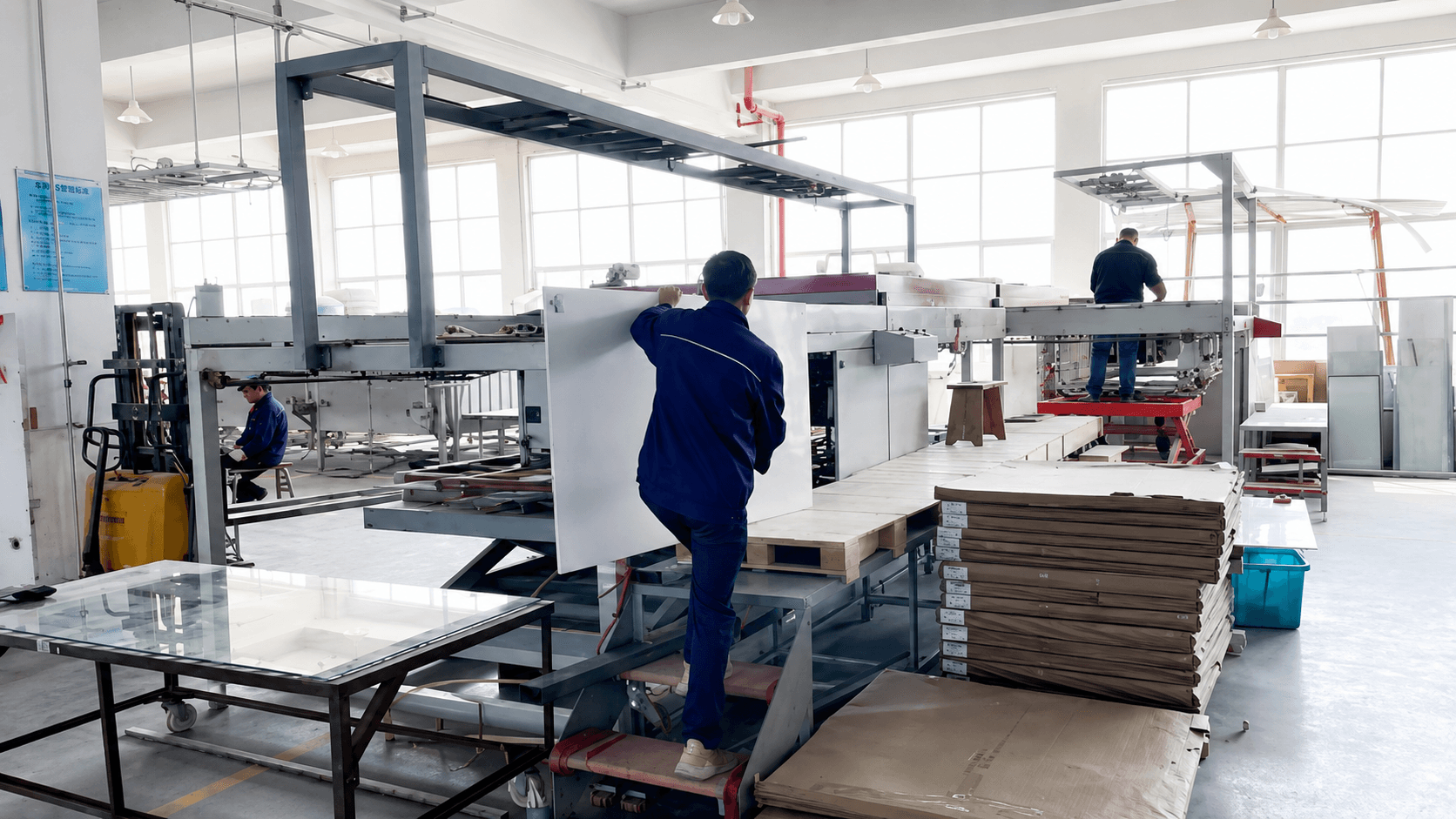 Acrylic sheet being heated for bathtub production
