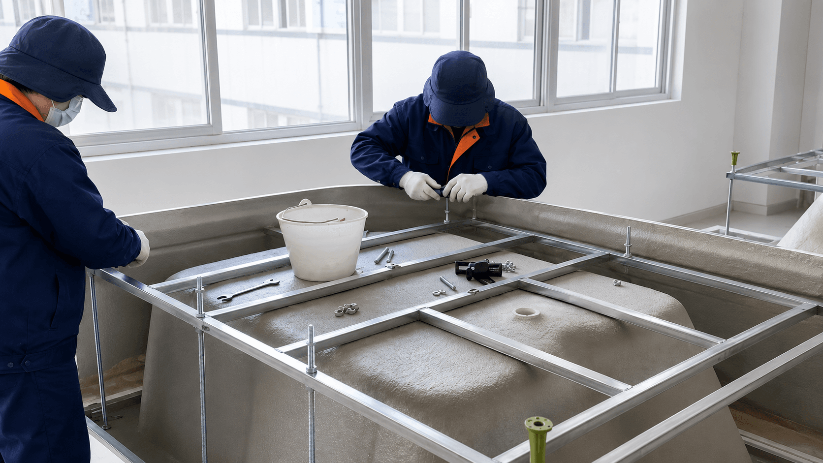 Bathtub frame and functional components being assembled