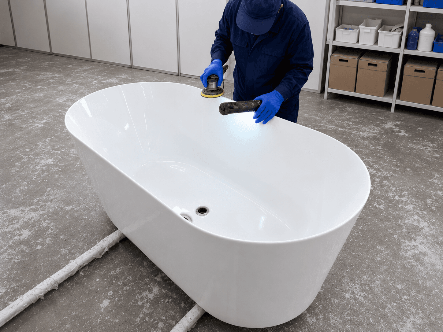 Bathtub surface and edges being polished by hand