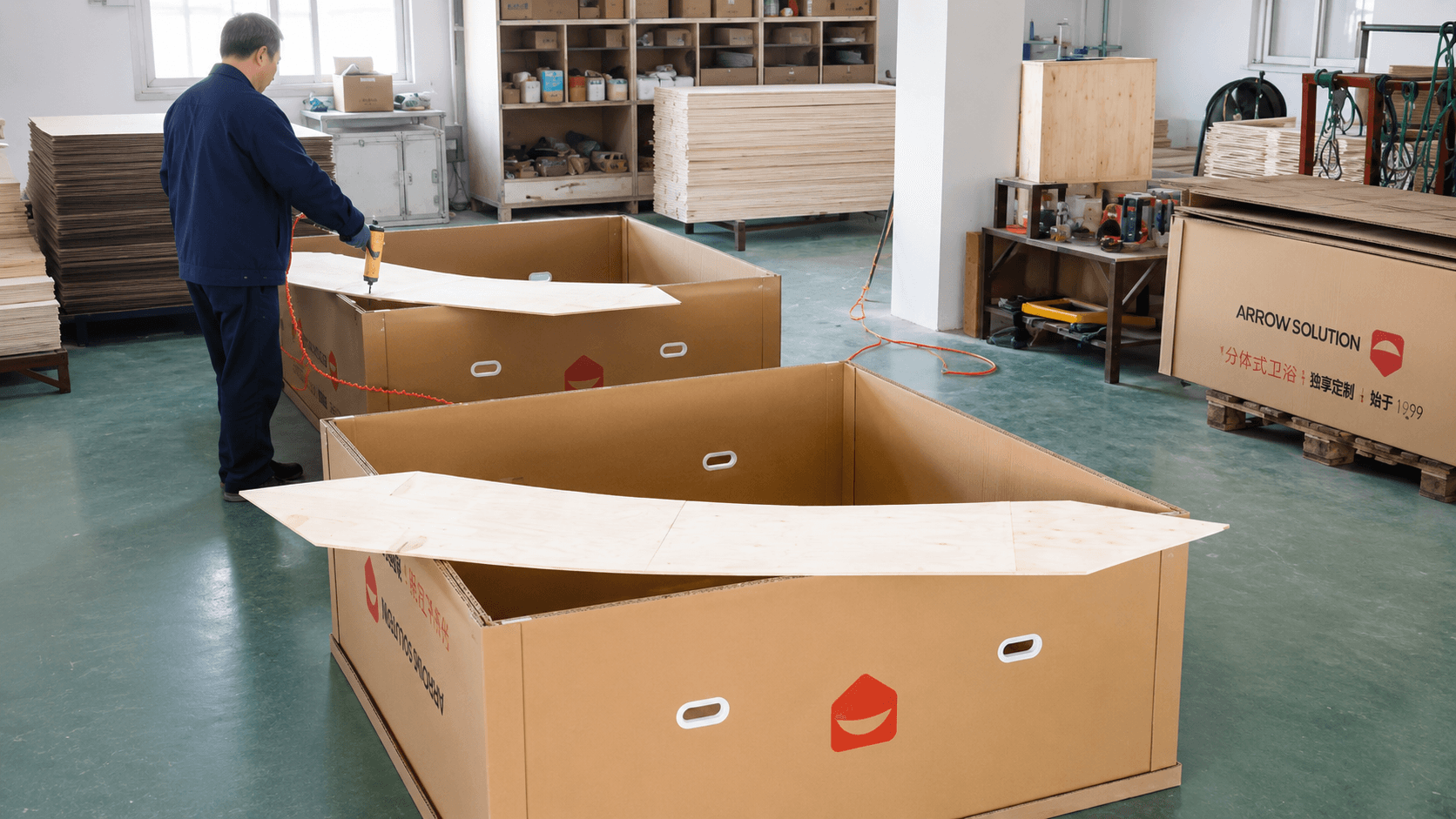 Finished bathtub being protected and packed for export