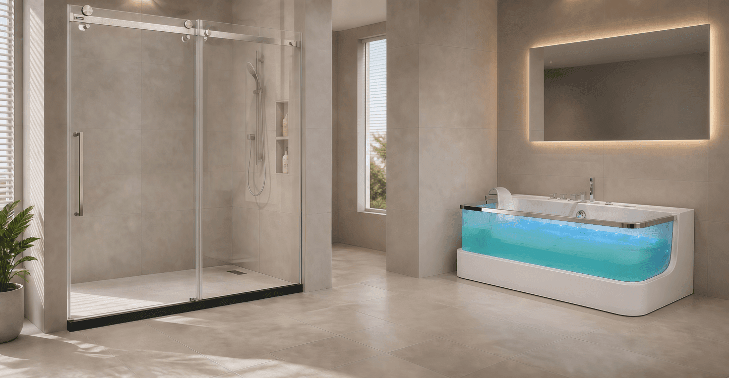 OEM and ODM bathroom customization options for size, color, frame, hardware, glass, branding, packaging, and bathtub functions